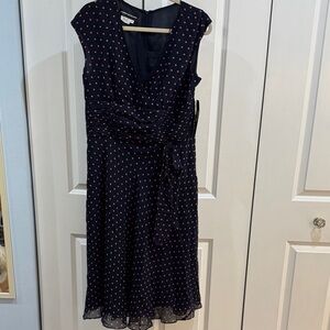 100% Silk Donna Morgan Navy Dress with Coral Polka Dots Size 16
